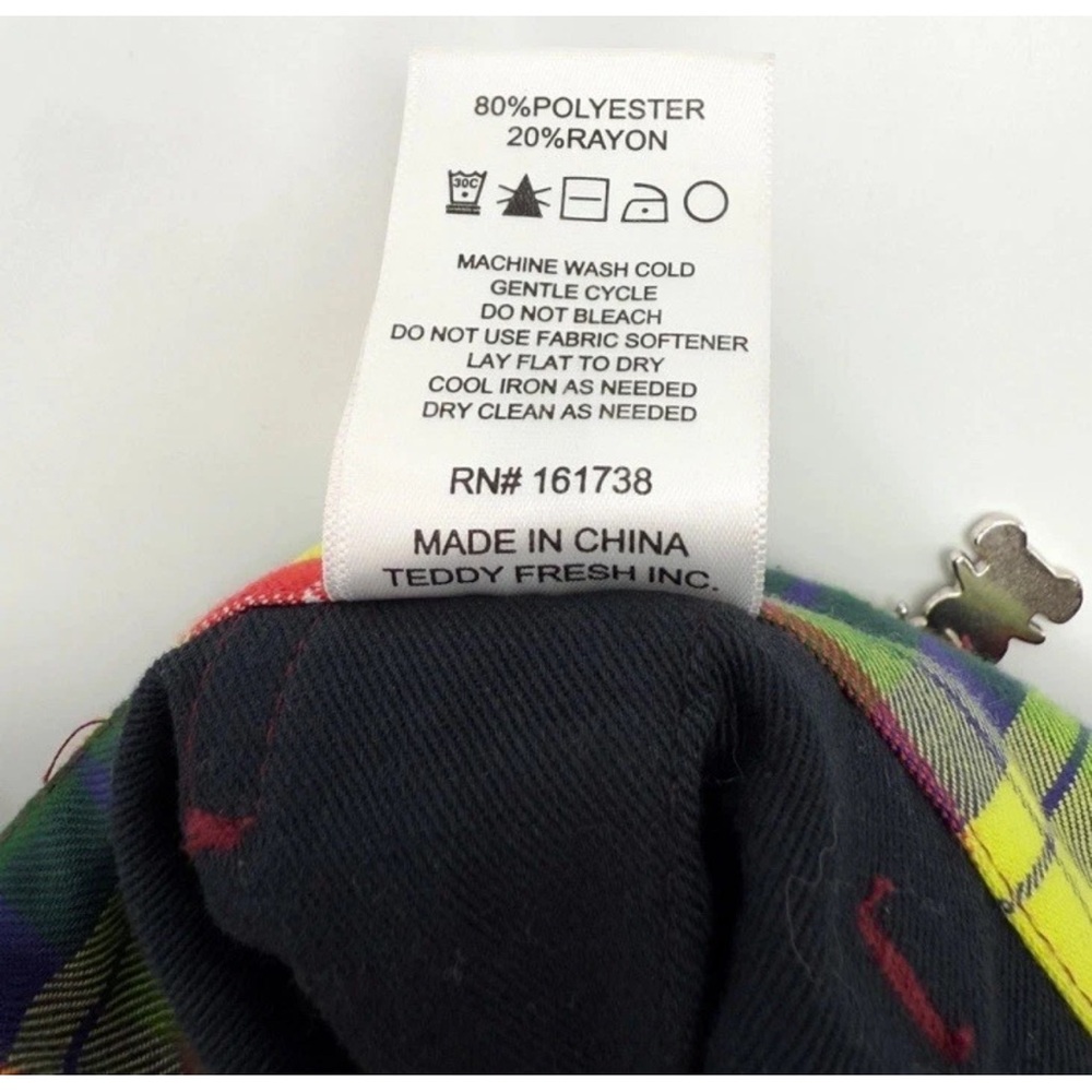 Teddy Fresh Multicolor Plaid Straight Leg Pants Rainbow Tartan Bear Charm Sz 26 - Picture 12 of 12